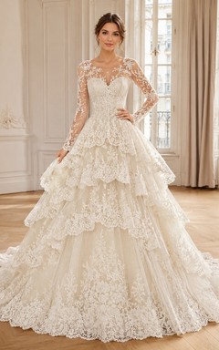 Langärmeliges Ballkleid mit Spitze, Rüschen und Kathedralenschleppe – formelles Hochzeitskleid