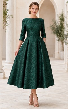 Robe d'invitée jacquard vert foncé à manches trois-quarts et manches bateau