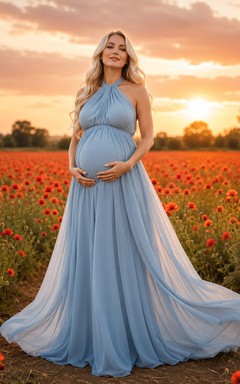 Maternity Sky Blue Halter Chiffon Flower Field Gown