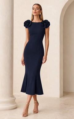 Dark Navy Rosette Shoulder Mermaid Midi Dress
