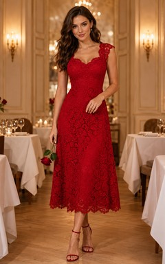 Red Lace Cap Sleeve V Neck Midi Valentine Dinner Dress