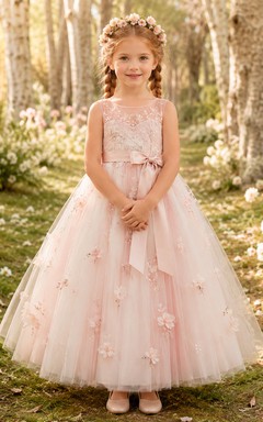 Pink Romantic A-Line Tulle Flower Girl Dress Sleeveless Scoop Neck Floor-Length Floral Applique