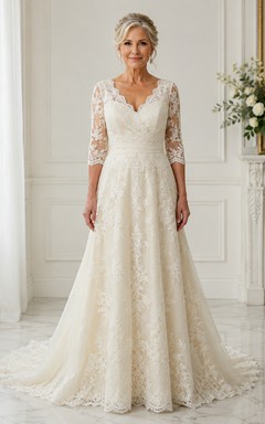 Long Sleeve Sleeve Lace A-Line Older Brides Wedding Dress with V Back