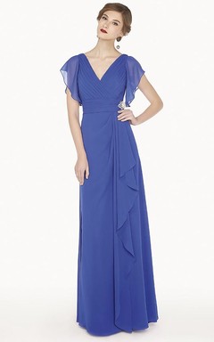 V Neck Side Drape A-Line Chiffon Long Prom Dress With Ruffled Short Sleeve