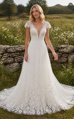 Vestido de novia romántico de manga corta, corte en A, escote en V, encaje Stonewall Vine y cola catedral.