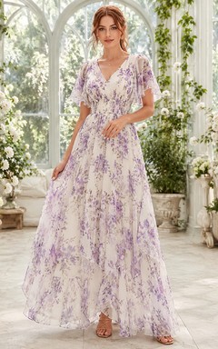 Lilac Floral Flutter Sleeve Garden Guest Maxi Dress