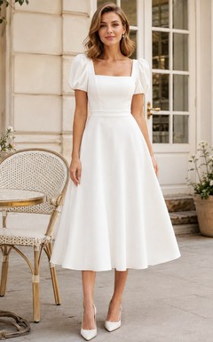Vestido de novia sencillo de corte A, largo hasta la rodilla, con cuello cuadrado y mangas cortas, ideal para juzgados civiles.