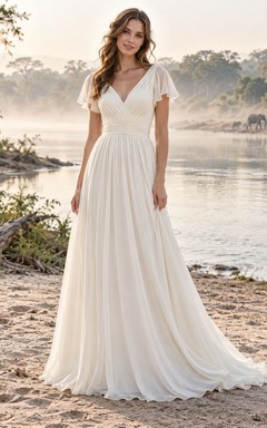 Vestido de novia sencillo de gasa con escote en V, manga corta, corte en A y cintura fruncida.