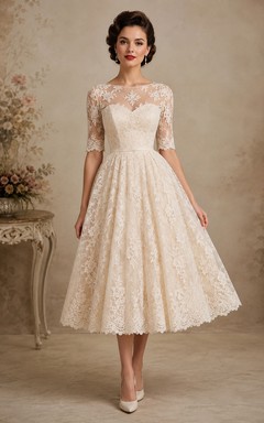 Vintage Champagne Half-sleeve Illusion Lace Tea Dress