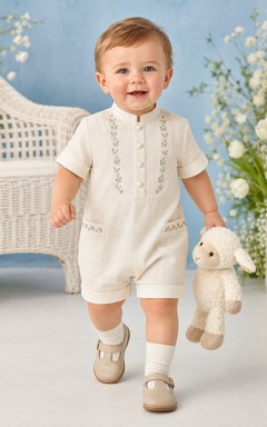 Bezaubernder elfenbeinfarbener Kurzarm-Baby-Tauf-Strampler mit Blumenstickerei
