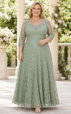 Elegantes Abendkleid in Übergröße aus salbeigrüner Spitze mit Illusion-Ausschnitt, Dreiviertelärmeln und A-Linien-Schnitt, bodenlang