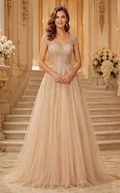 Champagne Cap Sleeve Beaded Lace Tulle A-Line Floor-Length Luxury Formal Evening Gown