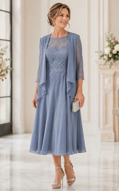 A-Line Tea-Length Bateau 3/4 Length Sleeve Chiffon Mother Dress with Lace