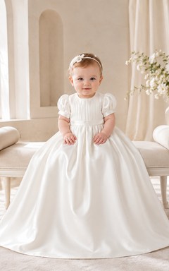 Mattes Satin-Taufkleid in A-Linie mit Puffärmeln, bodenlang, schlicht