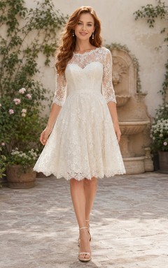 Illusion Bateau Three-Quarter Lace Sleeve A-Line Knee-Length Wedding Dress