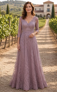 MOB Dress Mauve Lace Tulle A-Line 3/4 Sleeve V-Neck Floor Length
