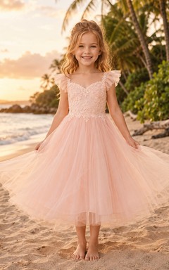Blumenmädchenkleid aus perlmuttrosa Tüll, A-Linie, mit flatternden Ärmeln, V-Ausschnitt, Teelänge und Rüschenbesatz