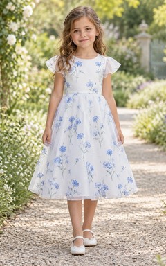 Tea-length Country White Floral Cap Sleeve Organza A-line Flower Girl Dress
