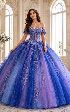 Purple Blue Tulle Floral Off Shoulder Ball Gown Quinceanera Floor Length Dress