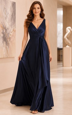 Elegantes, formelles Abendkleid aus Satin in A-Linie mit V-Ausschnitt, Raffungen und bodenlang