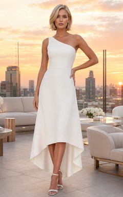 Modern One-Shoulder High-Low Minimal Rooftop Civil Elopement Dress