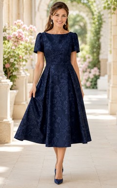 Dark Navy Floral Jacquard Short Sleeve Square Neck Tea-Length A-Line Mother Dress