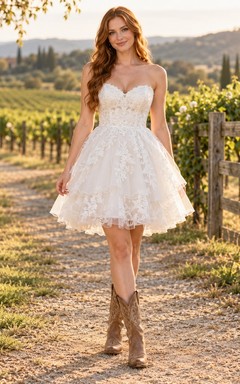 Country Short Strapless Sweetheart Tiered Floral Lace A-line Wedding Dress