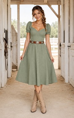 Western-Kleid mit eckigem Ausschnitt, knielang, lässig, mit Puffärmeln, salbeigrün