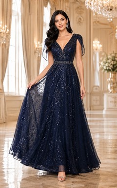 Dark Navy V-Neck Cap-Sleeve Sequin Tulle A-Line Floor-length Elegant Formal Evening Gown