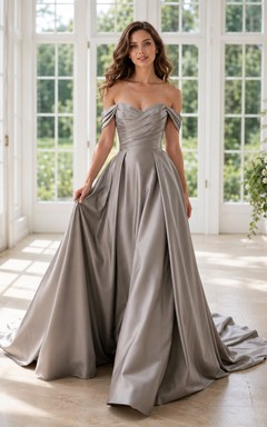 Robe de bal élégante en satin couleur étain, épaules dénudées, plissée, pour mariée