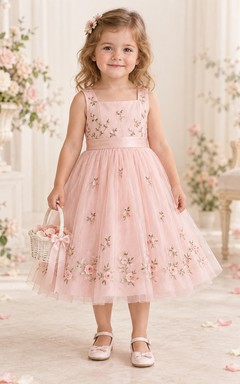 Teelanges, zartrosa geblümtes, sommerliches A-Linien-Kleid aus Tüll, ärmellos, mit Schleife am Rücken, für Blumenmädchen