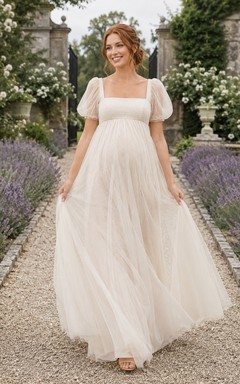 Umstands-Hochzeitskleid aus Tüll mit eckigem Ausschnitt, Puffärmeln und Umstandsmode