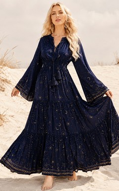 Vestido de gasa bohemio de manga larga con escote en V y corte en A, largo hasta el suelo, de Indigo Caravan, color azul marino oscuro.