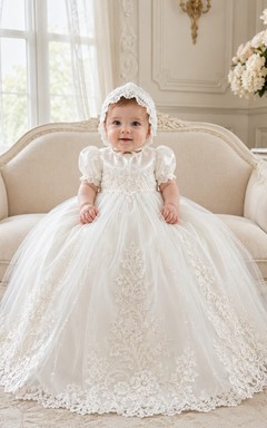 Regal Luxury Baby Baptism Christening Ceremony Gown Ball Gown Floor-Length Jewel Neck Puff Sleeve Tulle Lace Floral Applique Button Back