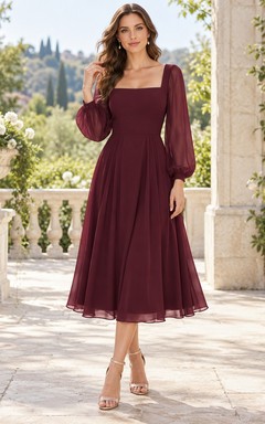 Long Sleeve Square Neck Burgundy Chiffon Bishop Midi Formal Dress