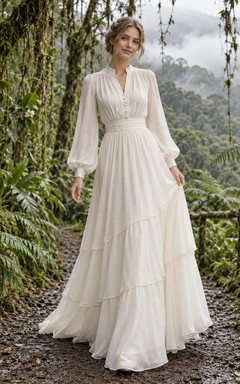 Schlichtes, langärmeliges Brautkleid aus Baumwollvoile mit Knöpfen und diagonal gestuftem A-Linien-Rock
