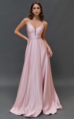 Rosa Spaghetti-Satin-Empire-Kleid mit Kerbe