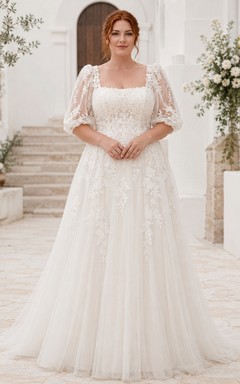 Plus Size Square Neck Puff Sleeve Lace A-Line Wedding Dress