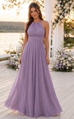 Romantic Lilac Halter High Neck Chiffon A Line Bridesmaid Gown