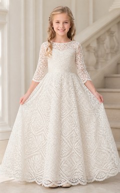 Modest Floor-length Ball Gown Scoop Three-quarter Sleeve Geometric Lace Flowergirl Dress