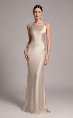 Champagne Jewel Neck Satin Illusion Back Sheath Gown