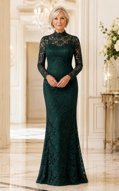 Dark Green High Neck Lace Mermaid Mother Dress with Long Sleeves