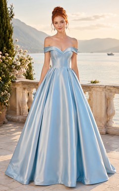 Himmelblaues schulterfreies Satin-Ballkleid für Abschlussball und festliche Anlässe, z. B. für den Abend des Abschlussballs und formelle Empfänge
