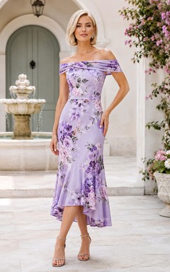 Lavender Floral Off-Shoulder Satin Mermaid High-Low Tea-Length Elegant Guest Dress