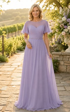 Robe mère trapèze en mousseline de soie lavande à manches papillon
