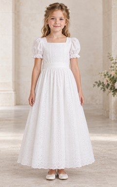 Modest Square Neck White Ankle-length Puff Sleeve Eyelet Communion Dress