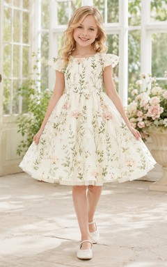 Botanical Print Flower Girl Dress with Flutter Sleeves, Tulle A-Line Silhouette, Natural Waist, and Tea-Length Skirt