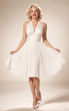 Retro Halter Pleated Tea Length Hollywood Bridal Dress