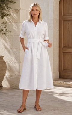 White Short Sleeve Notched Collar Tea-Length Linen A-Line Shirt Dress