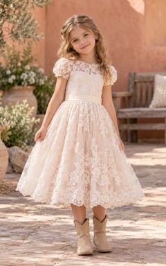 Country Blushing Pink Puff Sleeve Lace Flower Girl Dress